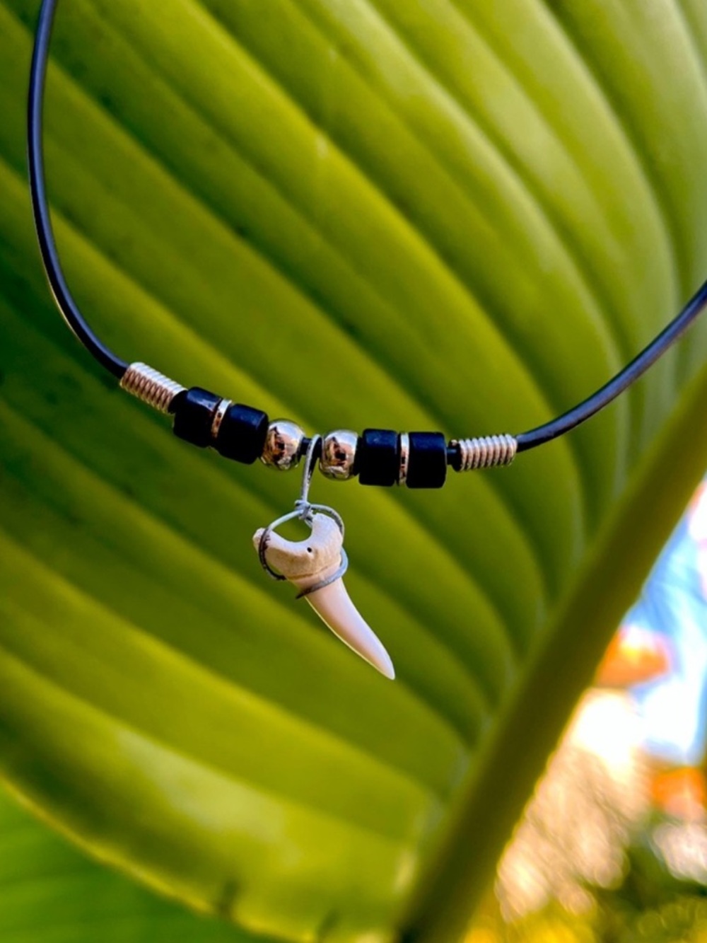 Handcrafted Black Cord Necklace with White Shark Tooth Pendant